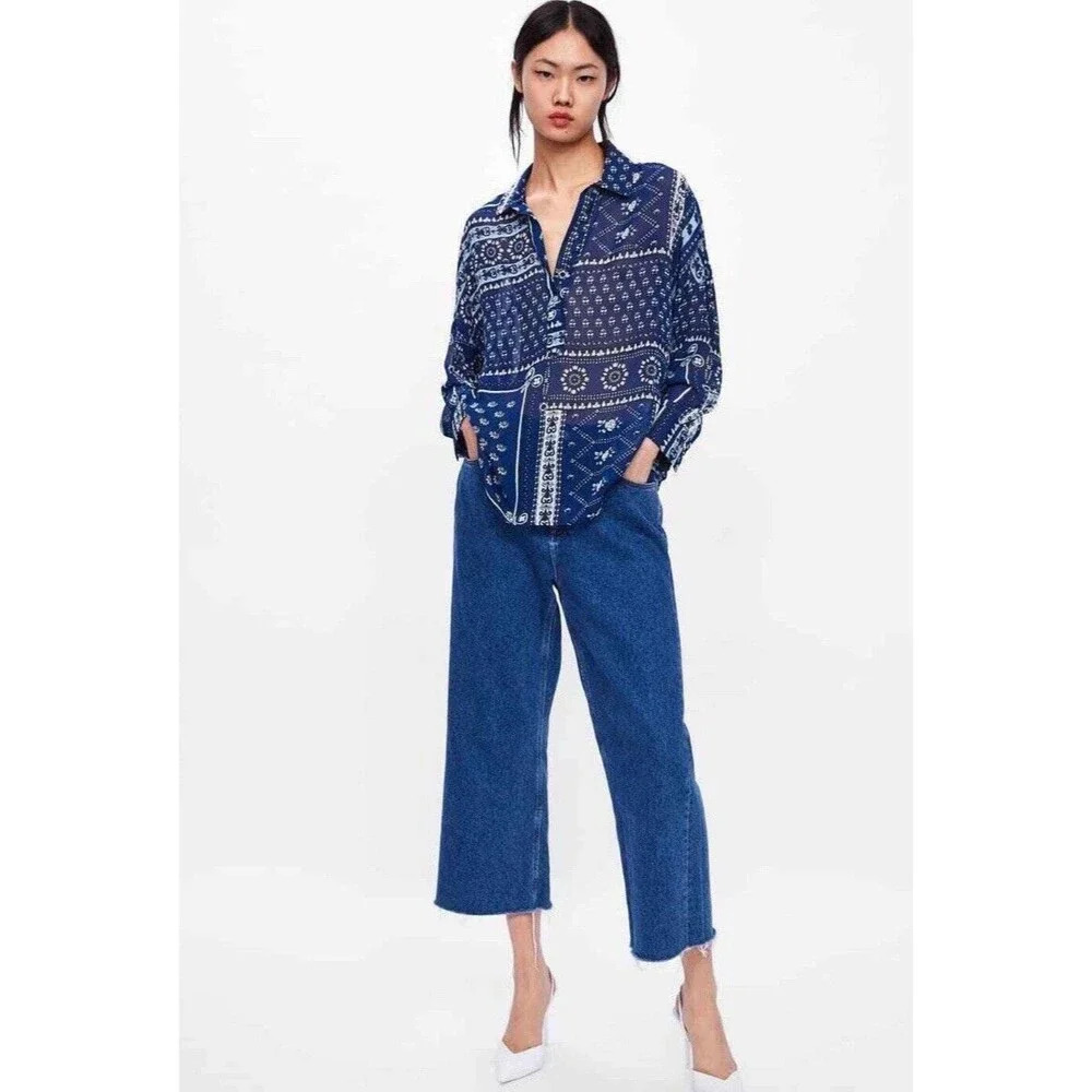 Zara Bandana Print Blouse Women Medium Blue Sheer Boho Oversized Patchwork Shirt